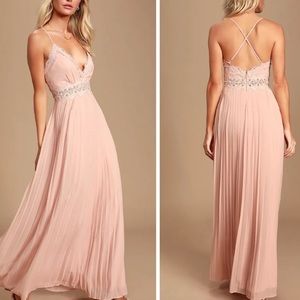 ❤️ Romantic Intentions Blush Pink Lace Pleated Backless Maxi Dress